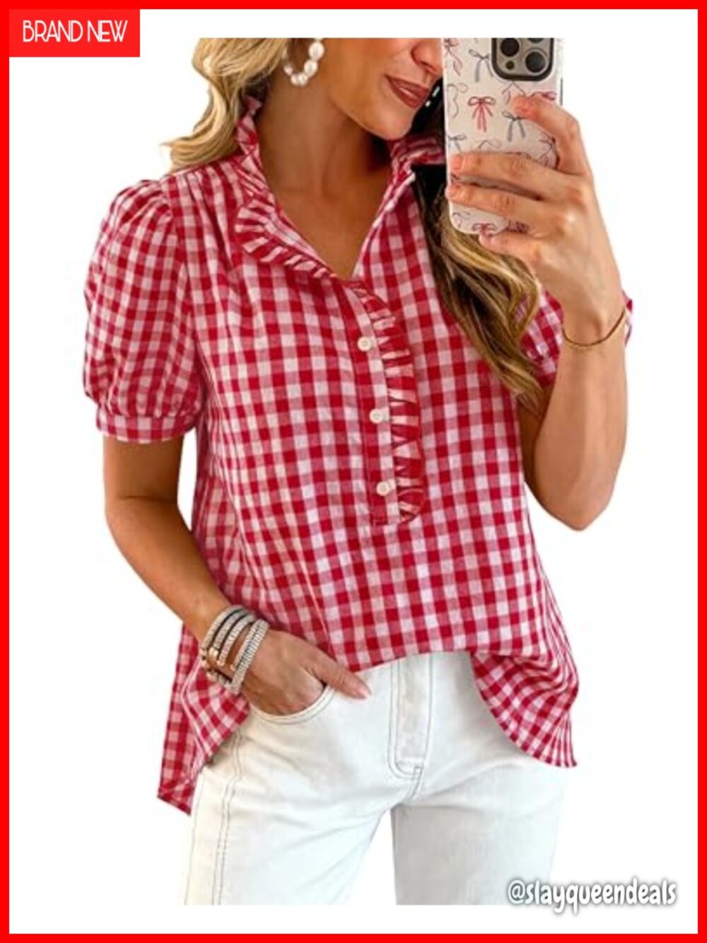 Women Puff Sleeve Button Down Blouse Ruffle Collar Boho Top